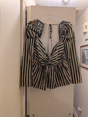 NWT Carmen Says Garland Green Tan Striped Peplum Long-Sleeve Top  100% Cotton L